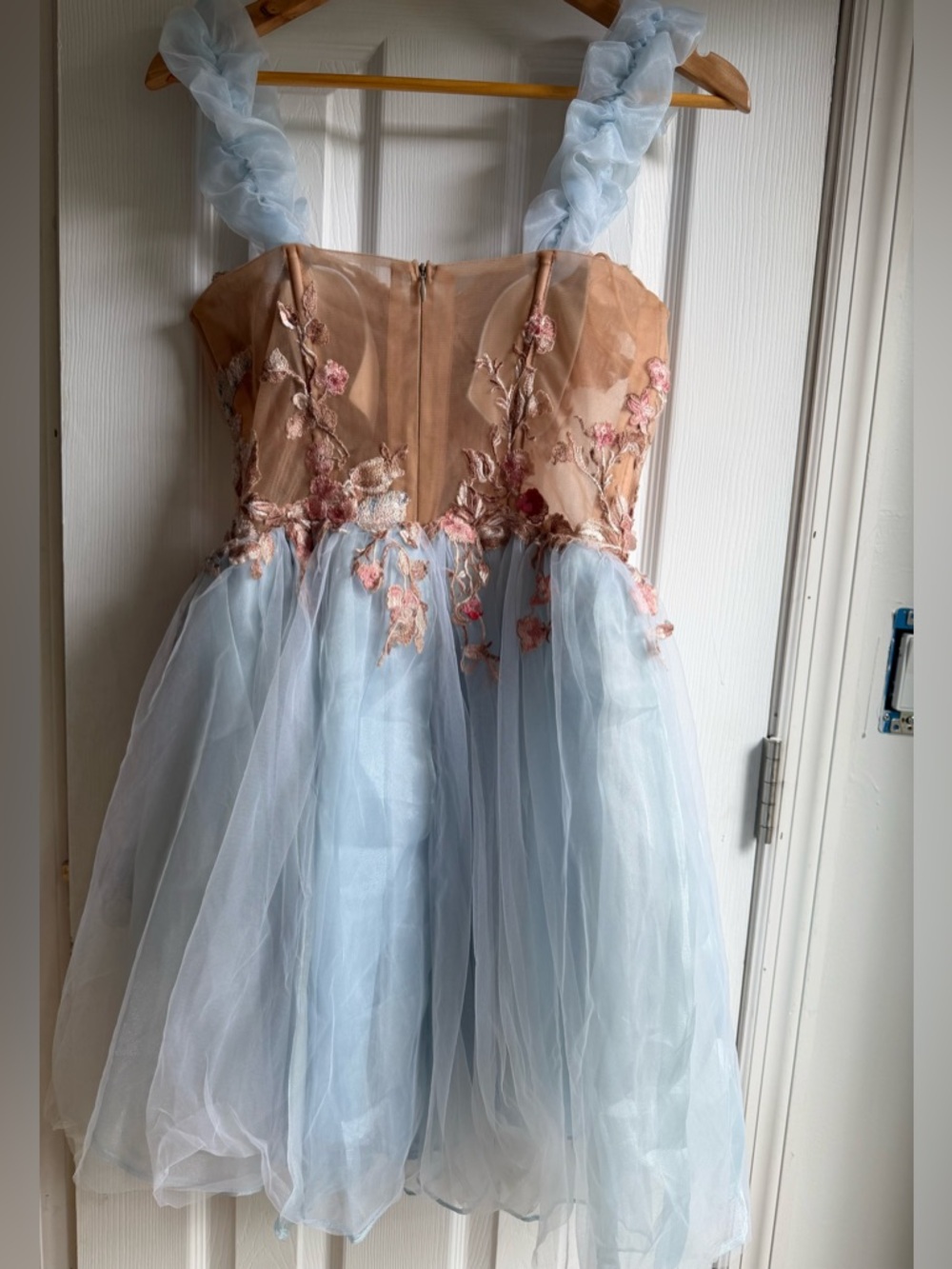 Blue Tulle Dress with Nude Floral Bodice